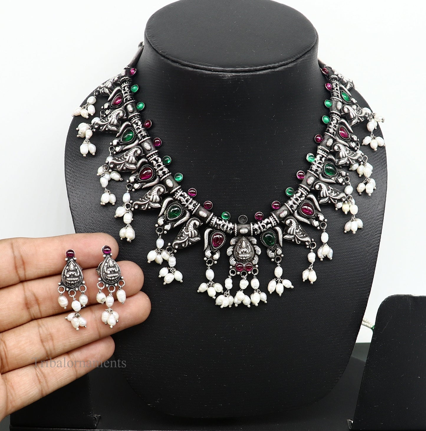 Sterling silver Goddess Laxmi necklace with hanging pearls, vintage tribal style jewelry for brides and belly dance from Tribal Ornaments