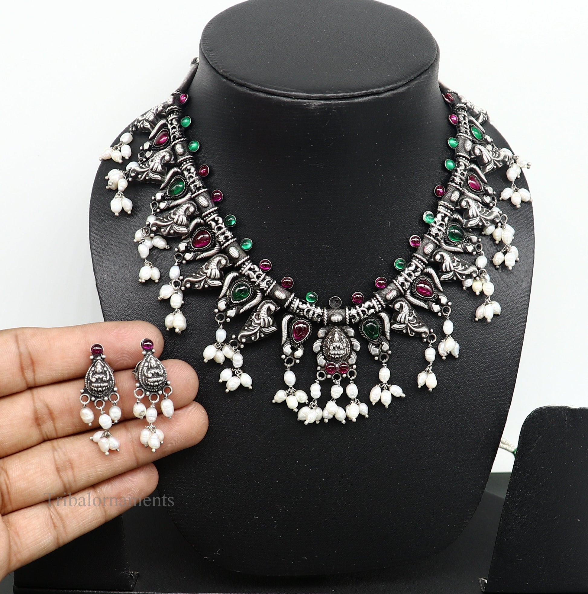Sterling silver Goddess Laxmi necklace with hanging pearls, vintage tribal style jewelry for brides and belly dance from Tribal Ornaments