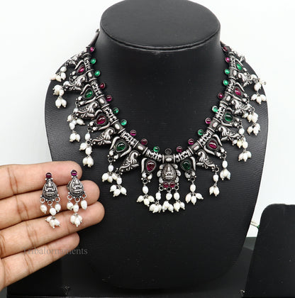 Sterling silver Goddess Laxmi necklace with hanging pearls, vintage tribal style jewelry for brides and belly dance from Tribal Ornaments