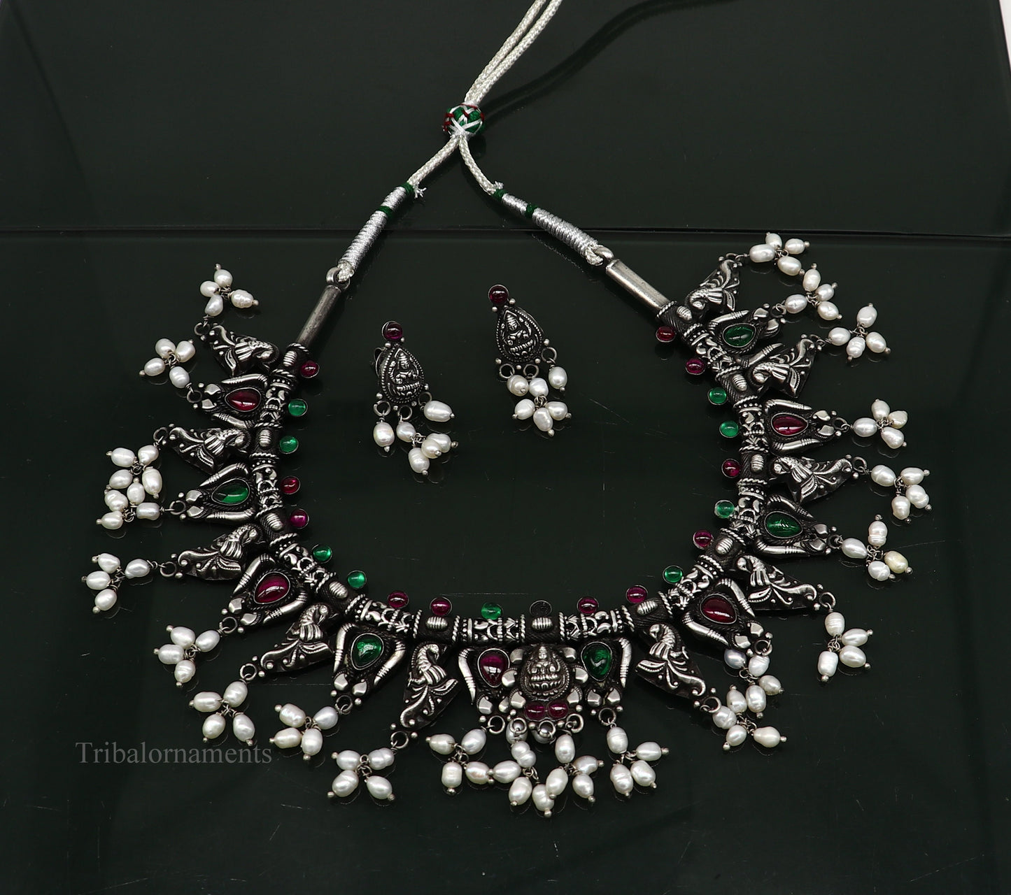 Sterling silver Goddess Laxmi necklace with hanging pearls, vintage tribal style jewelry, perfect for brides and belly dance costumes.