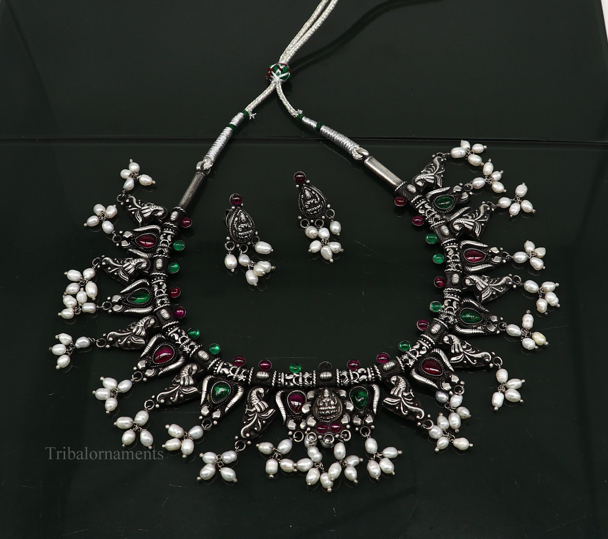Sterling silver Goddess Laxmi necklace with hanging pearls, vintage tribal style jewelry, perfect for brides and belly dance costumes.
