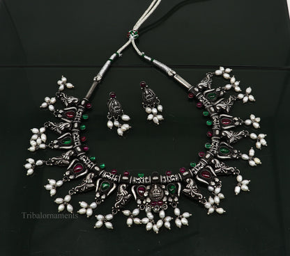 Sterling silver Goddess Laxmi necklace with hanging pearls, vintage tribal style jewelry, perfect for brides and belly dance costumes.