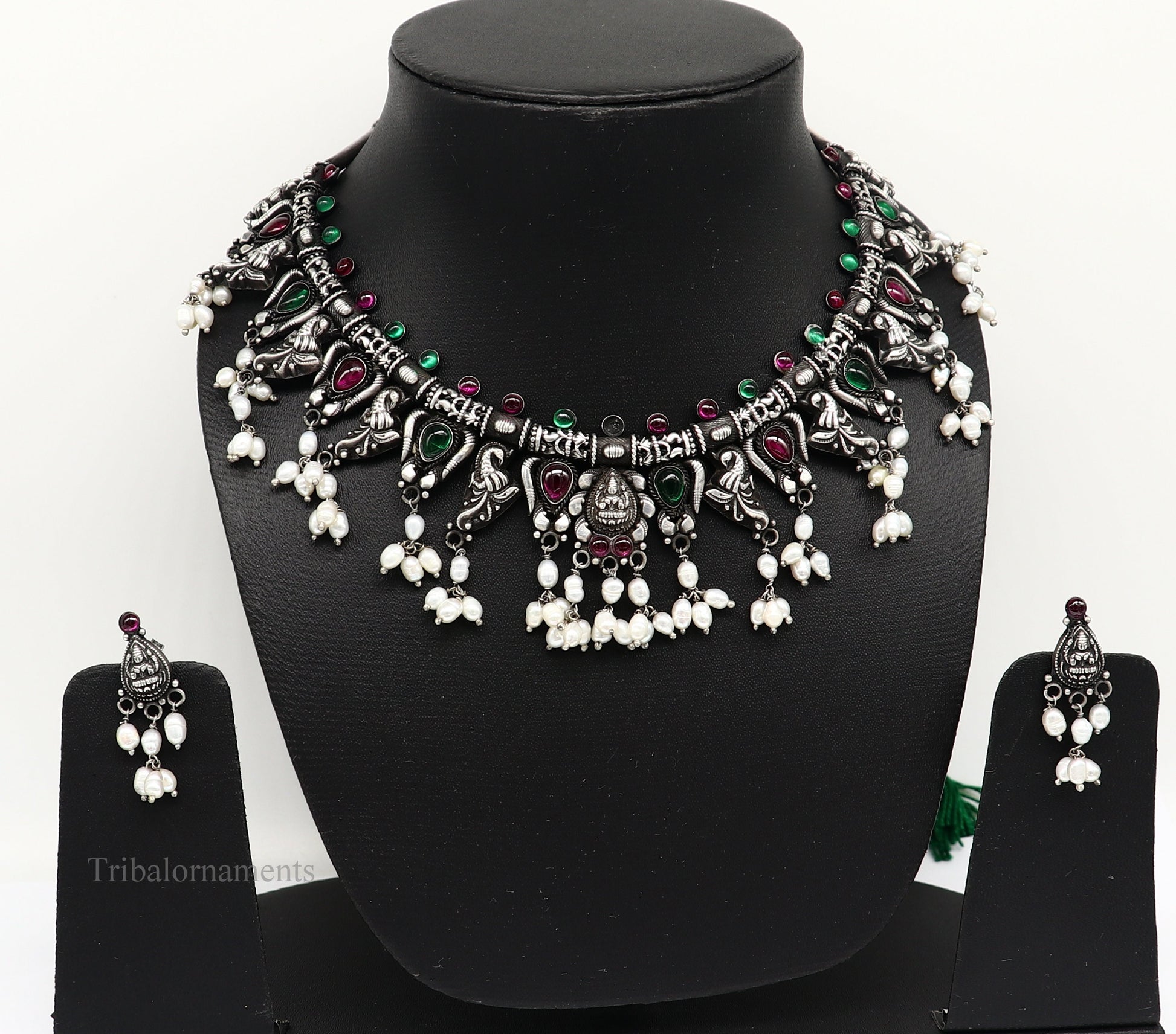 Sterling silver Goddess Laxmi necklace with hanging pearls, vintage tribal style, perfect for brides and belly dance jewelry.