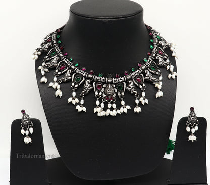 Sterling silver Goddess Laxmi necklace with hanging pearls, vintage tribal style, perfect for brides and belly dance jewelry.