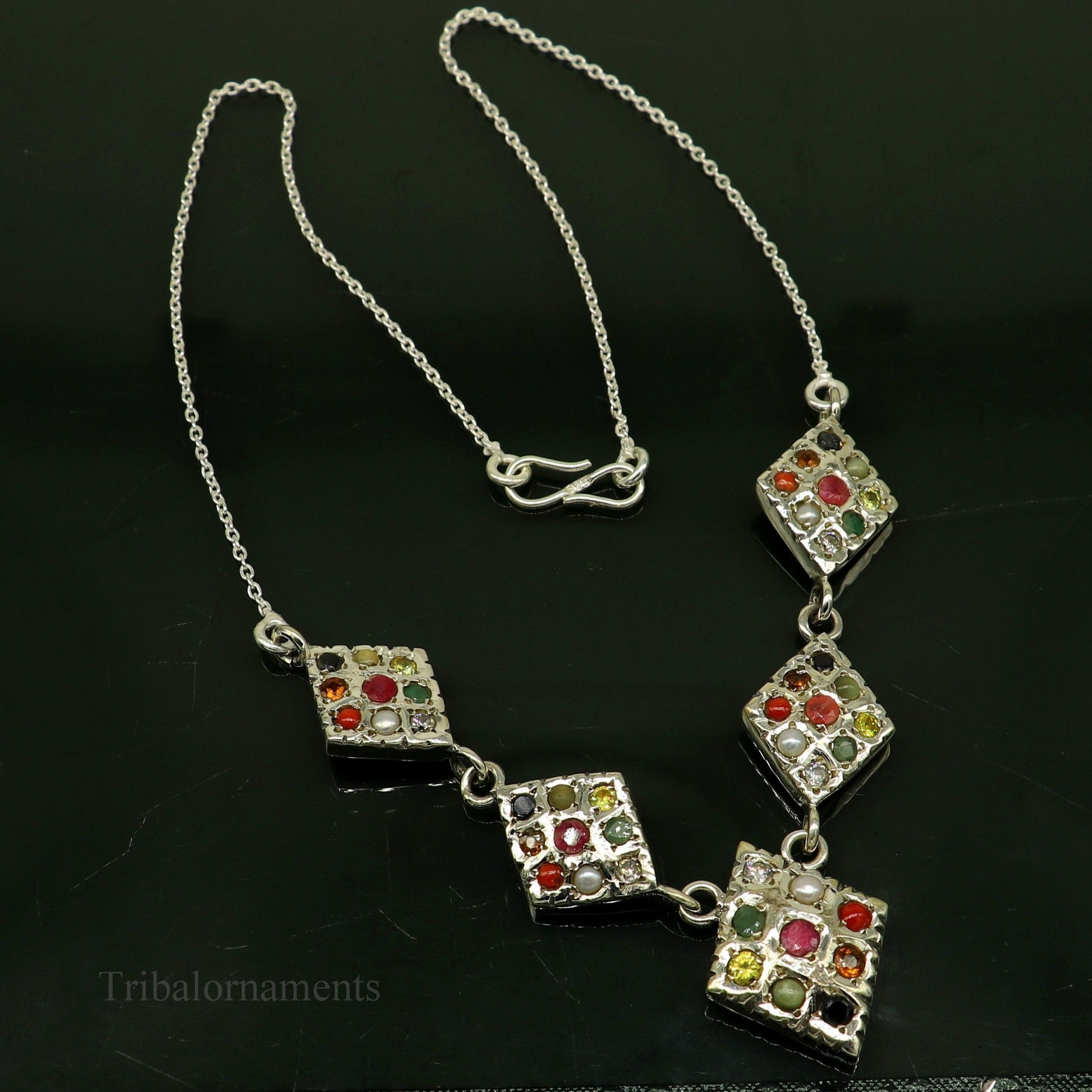 925 sterling silver Navratan stone vintage necklace with tribal ethnic design, perfect for traditional jewelry and belly dance accessories.