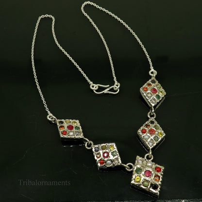 925 sterling silver Navratan stone vintage necklace with tribal ethnic design, perfect for traditional jewelry and belly dance accessories.