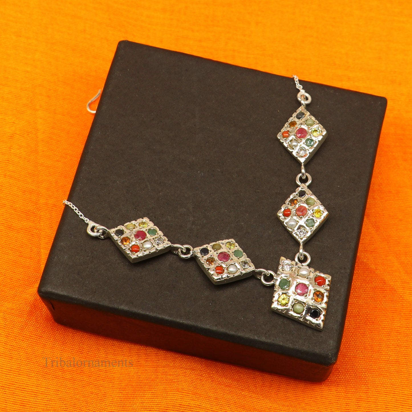 925 sterling silver Navratan stone tribal necklace with vintage design, ideal for ethnic jewelry and belly dance accessories.