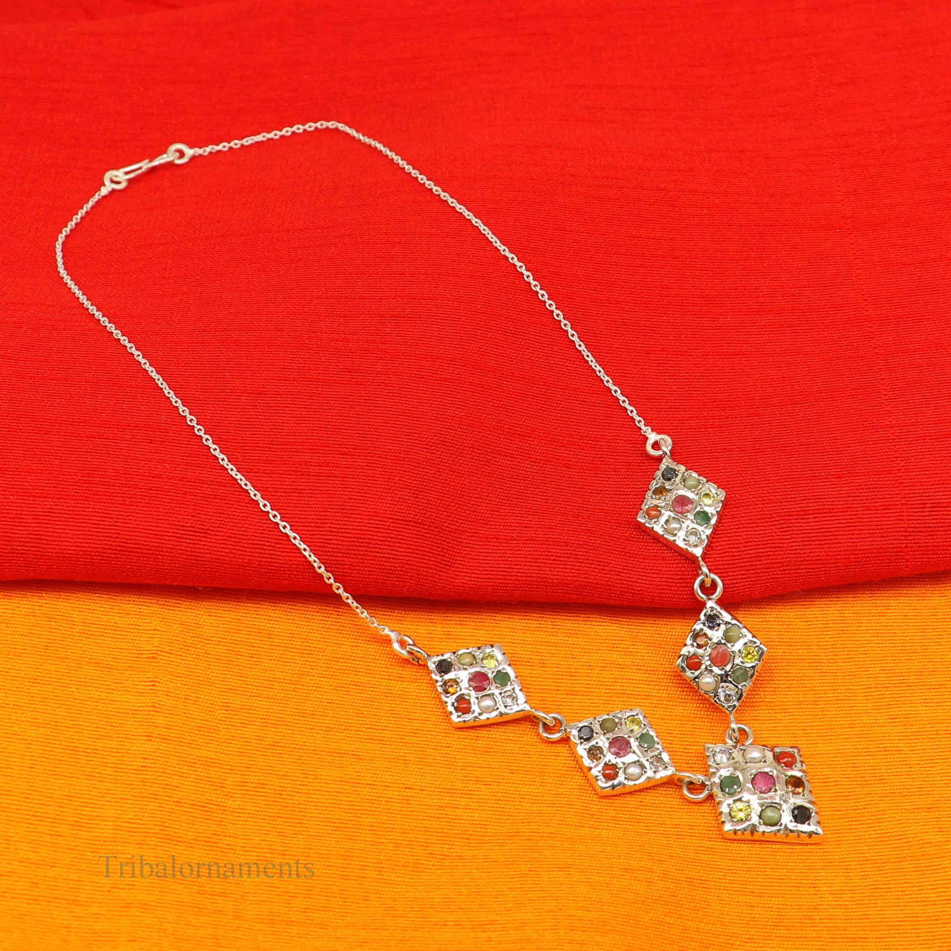 925 silver Navratan stone vintage necklace by TRIBAL ORNAMENTS, featuring tribal ethnic design perfect for gifting and belly dance jewelry.