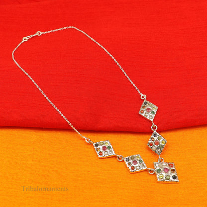 925 silver Navratan stone vintage necklace by TRIBAL ORNAMENTS, featuring tribal ethnic design perfect for gifting and belly dance jewelry.