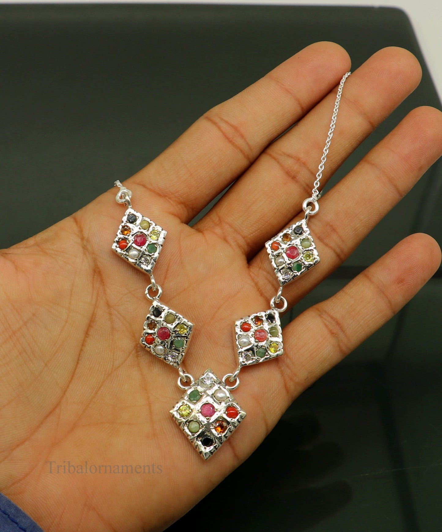 Sterling silver Navratan stone tribal necklace with vintage design, perfect for ethnic jewelry and belly dance accessories.