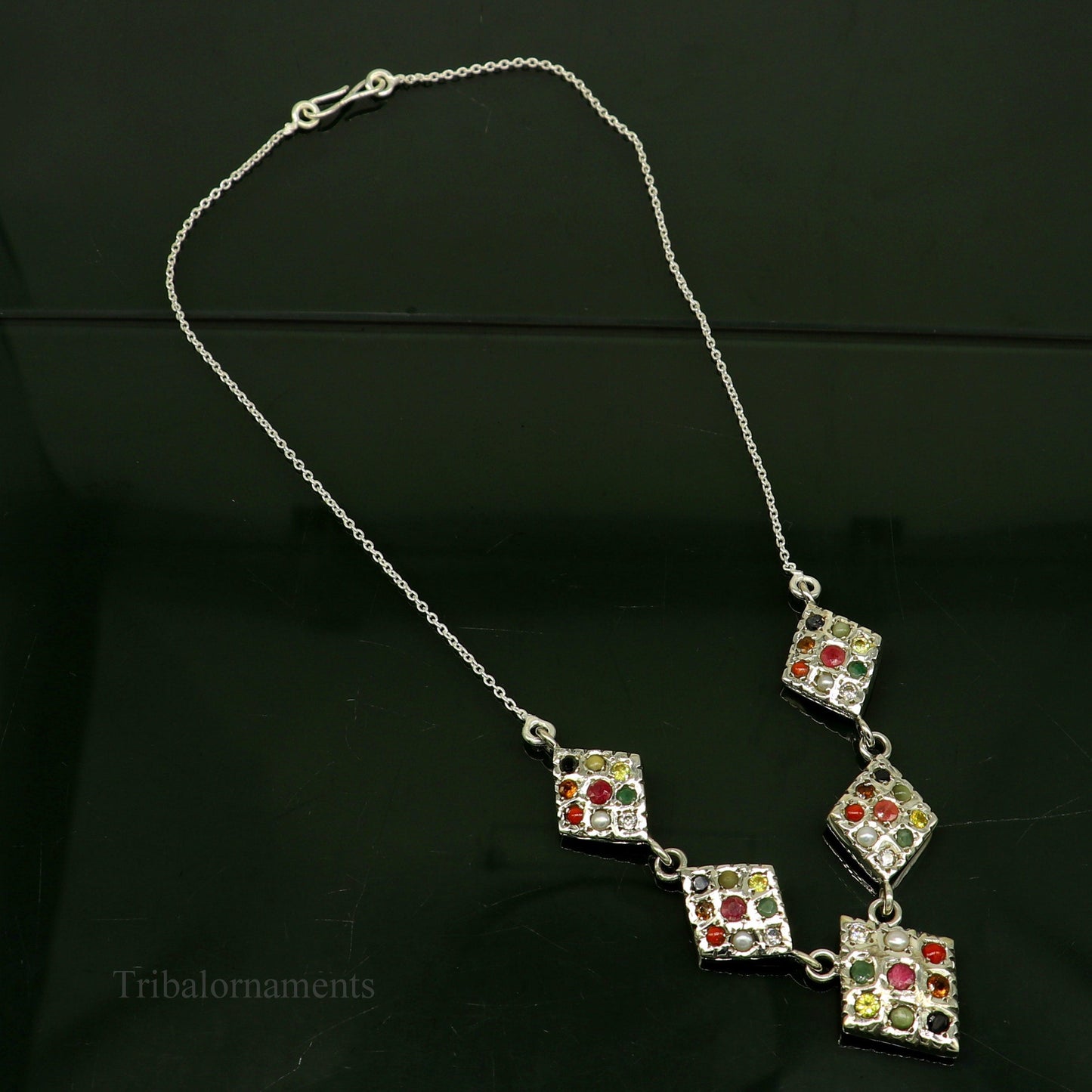 Sterling silver Navratan stone vintage necklace with tribal and ethnic design, perfect for tribal jewelry and belly dance accessories.