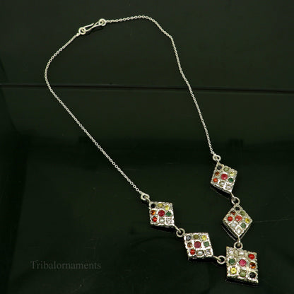 Sterling silver Navratan stone vintage necklace with tribal and ethnic design, perfect for tribal jewelry and belly dance accessories.
