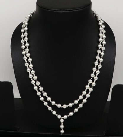 Sterling silver 108-bead japp mala necklace, 39 inches long, unisex stylish jewelry with plain solid beads from TRIBAL ORNAMENTS.