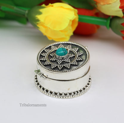 925 sterling silver Stunning Rava work design turquoise stone trinket box, Sindoor box, brides gift collection silver stunning box stb222 - TRIBAL ORNAMENTS