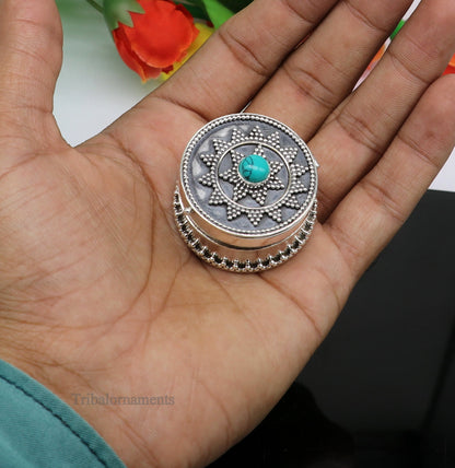 925 sterling silver Stunning Rava work design turquoise stone trinket box, Sindoor box, brides gift collection silver stunning box stb222 - TRIBAL ORNAMENTS