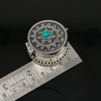 925 sterling silver Stunning Rava work design turquoise stone trinket box, Sindoor box, brides gift collection silver stunning box stb222 - TRIBAL ORNAMENTS