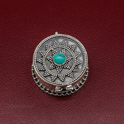 925 sterling silver Stunning Rava work design turquoise stone trinket box, Sindoor box, brides gift collection silver stunning box stb222 - TRIBAL ORNAMENTS