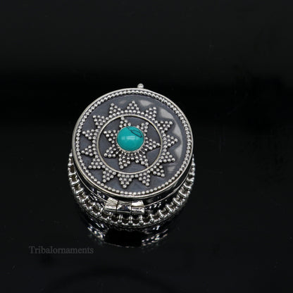 925 sterling silver Stunning Rava work design turquoise stone trinket box, Sindoor box, brides gift collection silver stunning box stb222 - TRIBAL ORNAMENTS
