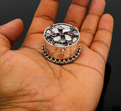 925 sterling silver trinket box with stunning stone work, CZ accents, ideal for jewelry, kajal, or sindur, by TRIBAL ORNAMENTS.