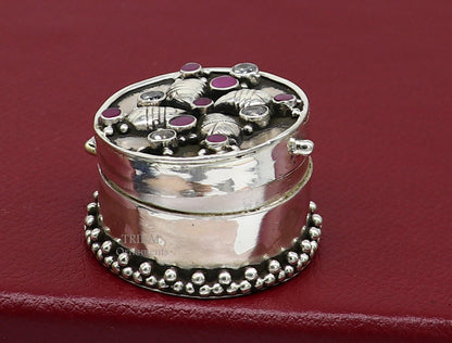 925 sterling silver trinket box with stunning stone work, CZ stones, ideal for jewelry, kajal, sindur, or bridal gift.