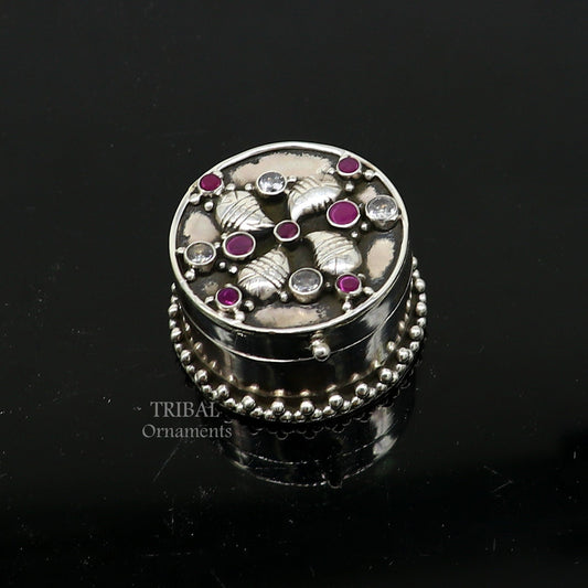 925 sterling silver Stunning stone work design cz stone trinket box, kajal eyeliner box, Sindur box brides gift silver box stb745 - TRIBAL ORNAMENTS