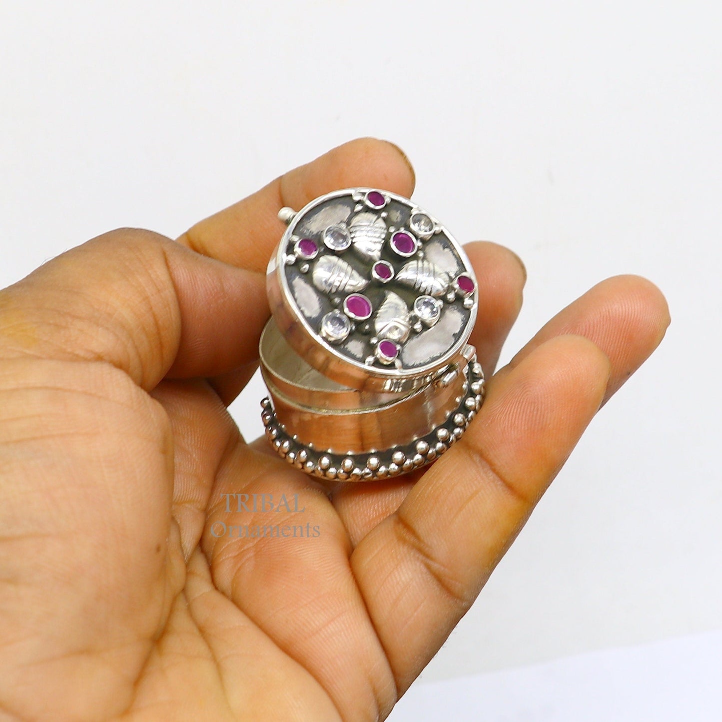 925 sterling silver Stunning stone work design cz stone trinket box, kajal eyeliner box, Sindur box brides gift silver box stb745 - TRIBAL ORNAMENTS