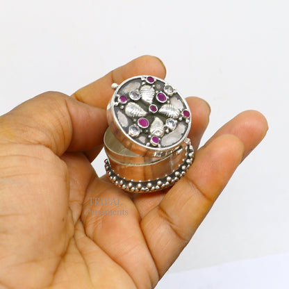 925 sterling silver trinket box with intricate stone work, CZ stones, and traditional design, ideal for jewelry and bride gifts.