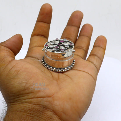 925 sterling silver trinket box with intricate stone work, CZ stones, ideal for jewelry, eyeliner, sindur, or bridal gift.