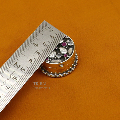 925 sterling silver trinket box with stunning stone work, CZ accents, ideal for jewelry, kajal, sindur, or bride gift.