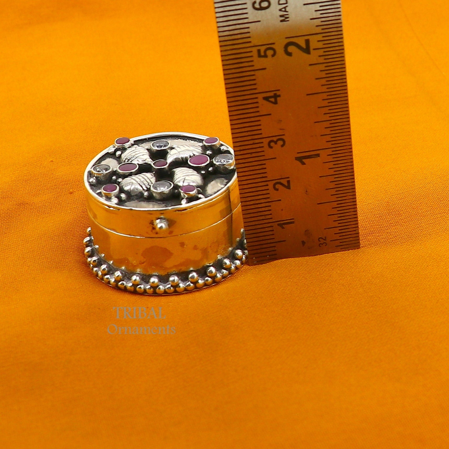 925 sterling silver Stunning stone work design cz stone trinket box, kajal eyeliner box, Sindur box brides gift silver box stb745 - TRIBAL ORNAMENTS
