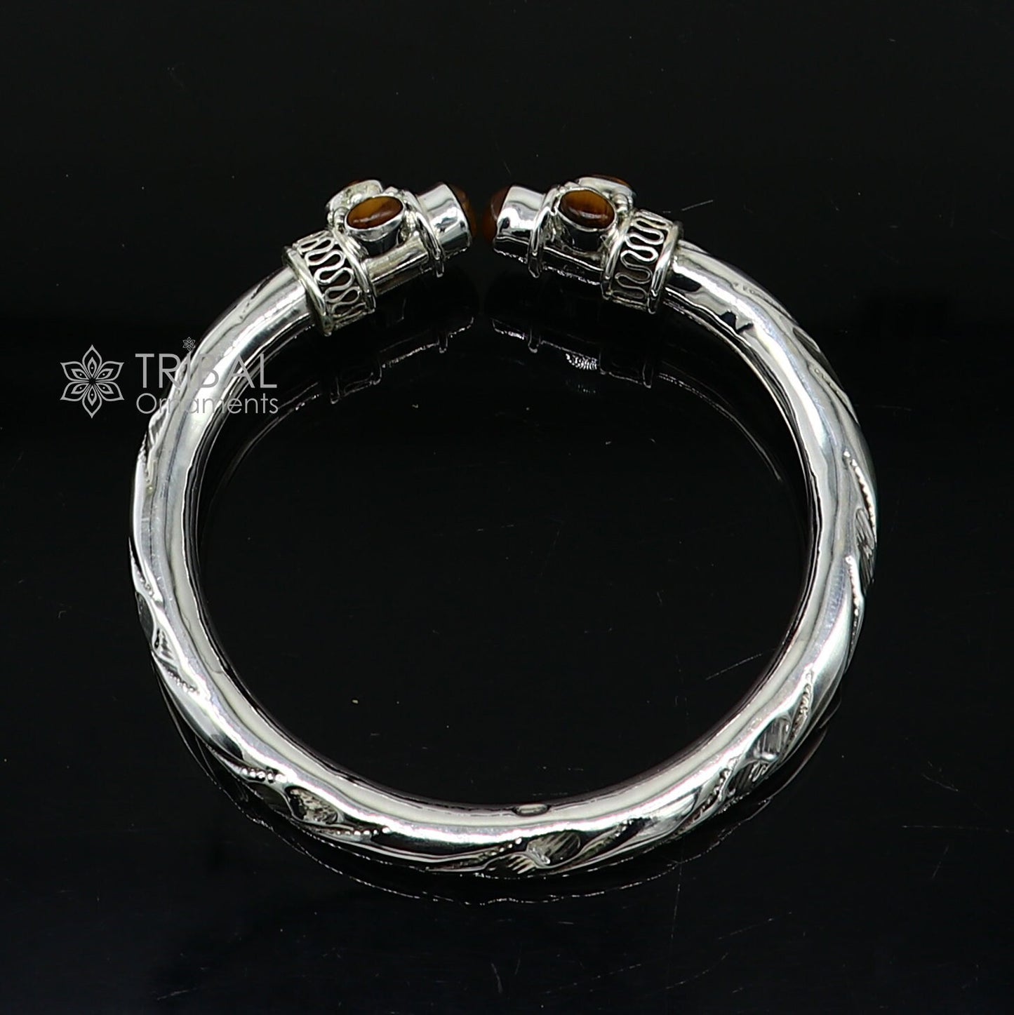 Unisex 925 sterling silver bangle bracelet with tiger eye stone accents, customized jewelry by TRIBAL ORNAMENTS.
