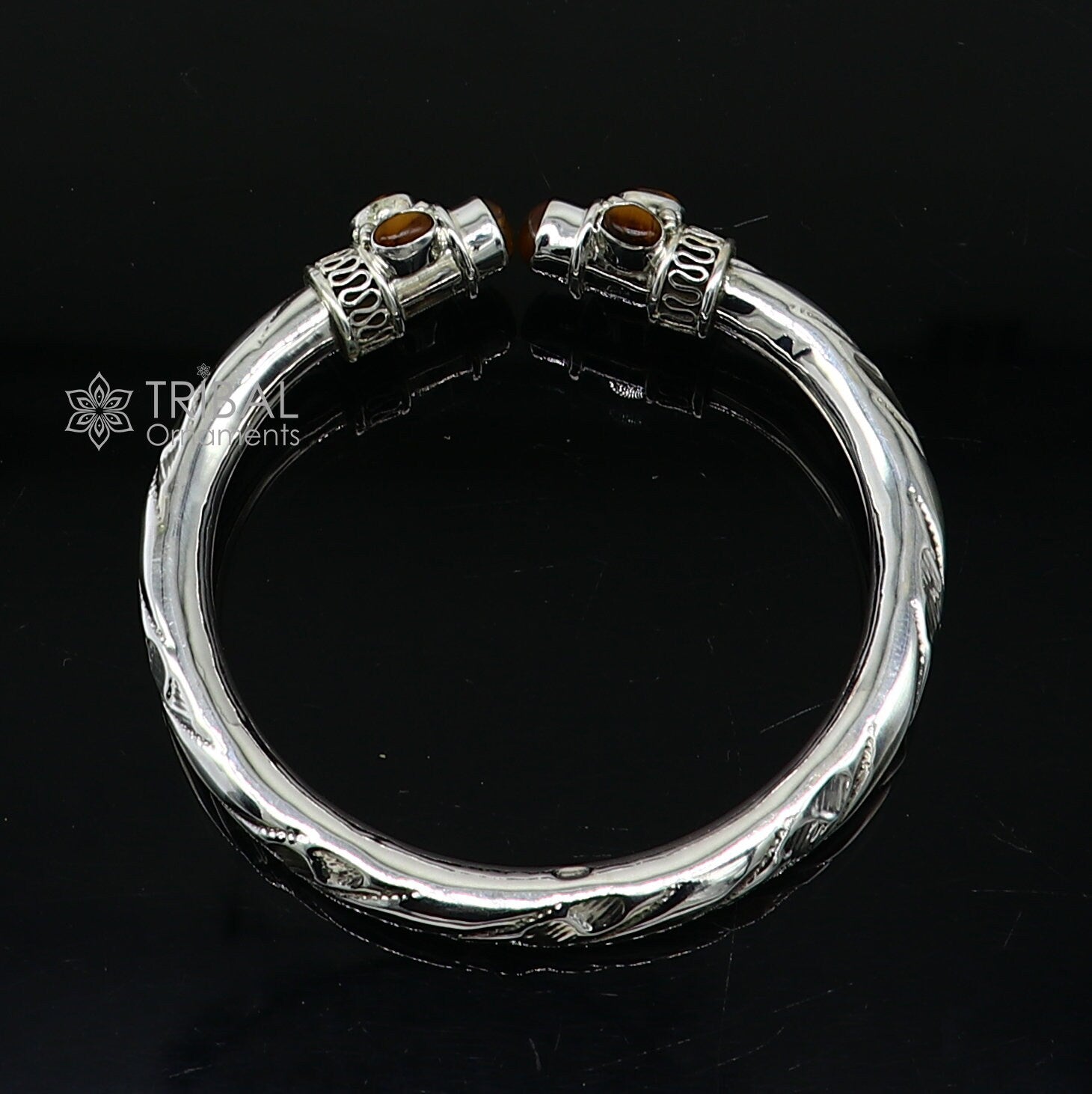 Unisex 925 sterling silver bangle bracelet with tiger eye stone accents, customized jewelry by TRIBAL ORNAMENTS.