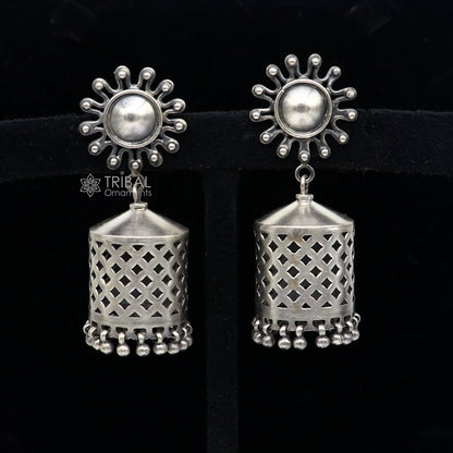 925 Sterling silver handmade traditional cultural design drop dangler jhumka earrings, best party functional Navratri jewelry s1236 - TRIBAL ORNAMENTS