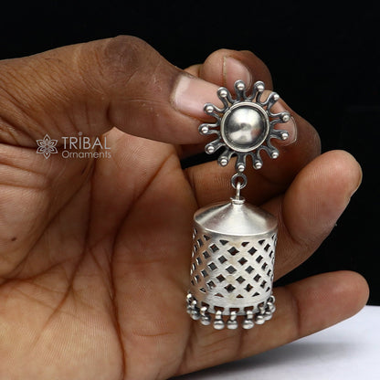 925 Sterling silver handmade traditional cultural design drop dangler jhumka earrings, best party functional Navratri jewelry s1236 - TRIBAL ORNAMENTS