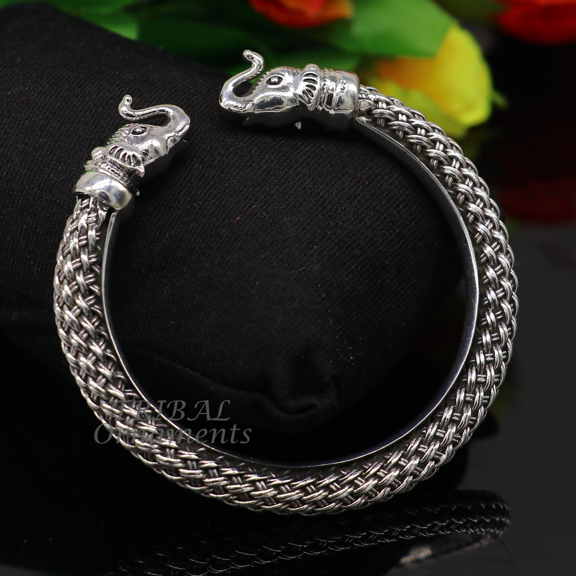 925 sterling silver traditional cultural ethnic elephant kada bangle bracelet pretty attractive tribal cuff bracelet ethnic jewelry  nsk623 - TRIBAL ORNAMENTS