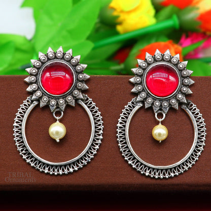 Sterling silver tribal earrings with red glossy stone studs, handmade traditional style tribal ethnic jewelry.