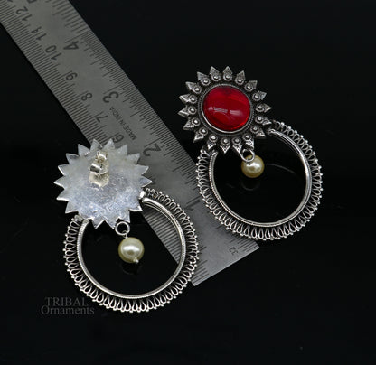 925 sterling silver tribal earrings featuring handmade red glossy stone studs in traditional ethnic style from TRIBAL ORNAMENTS.