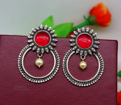 925 sterling silver tribal earrings with glossy red stone studs, traditional handmade ethnic jewelry by TRIBAL ORNAMENTS.