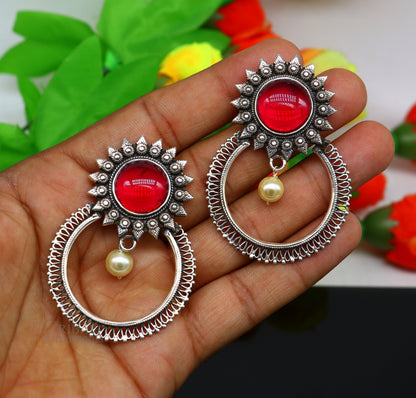 Sterling silver tribal earrings with glossy red stone studs, handmade traditional style, ethnic jewelry by Tribal Ornaments.