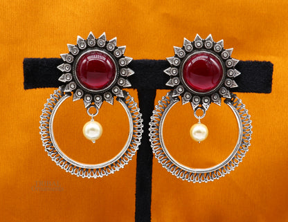 925 sterling silver tribal-style stud earrings with glossy red stone, handmade ethnic jewelry by TRIBAL ORNAMENTS.