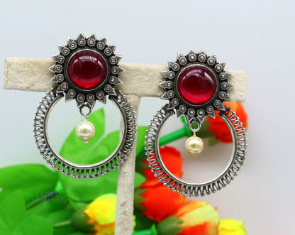 Sterling silver tribal-style stud earrings with glossy red stone, handmade ethnic jewelry by TRIBAL ORNAMENTS.