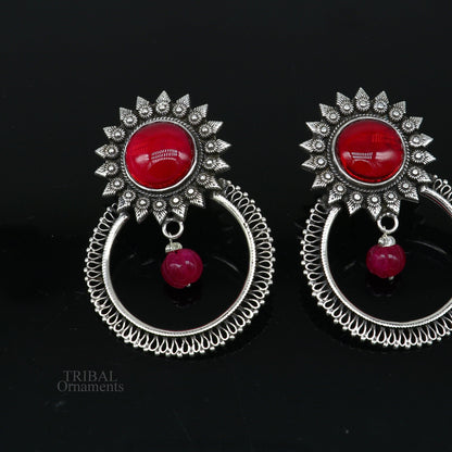 925 sterling silver traditional handmade stud earrings with glossy red stone in tribal ethnic style.