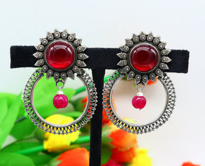 925 silver traditional handmade stud earrings with glossy red stone in tribal ethnic style, featuring intricate silver detailing.