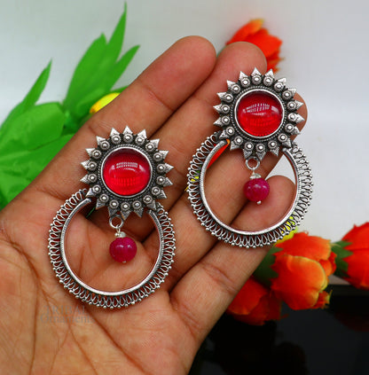 925 sterling silver tribal-style handmade stud earrings with glossy red stone, ethnic design, traditional jewelry accessory