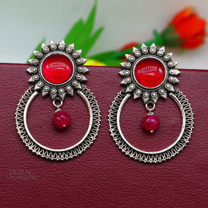 Sterling silver traditional tribal stud earrings with glossy red stone, handmade ethnic jewelry by Tribal Ornaments.