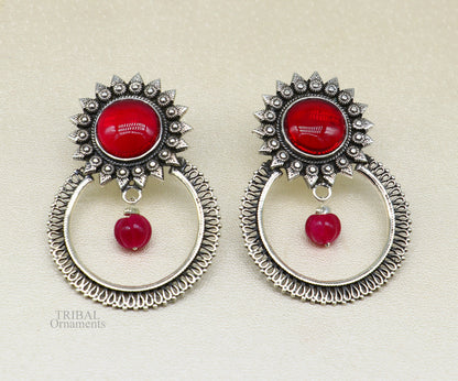 Sterling silver traditional tribal earrings with red glossy stone, handmade ethnic style stud earrings from Tribal Ornaments.