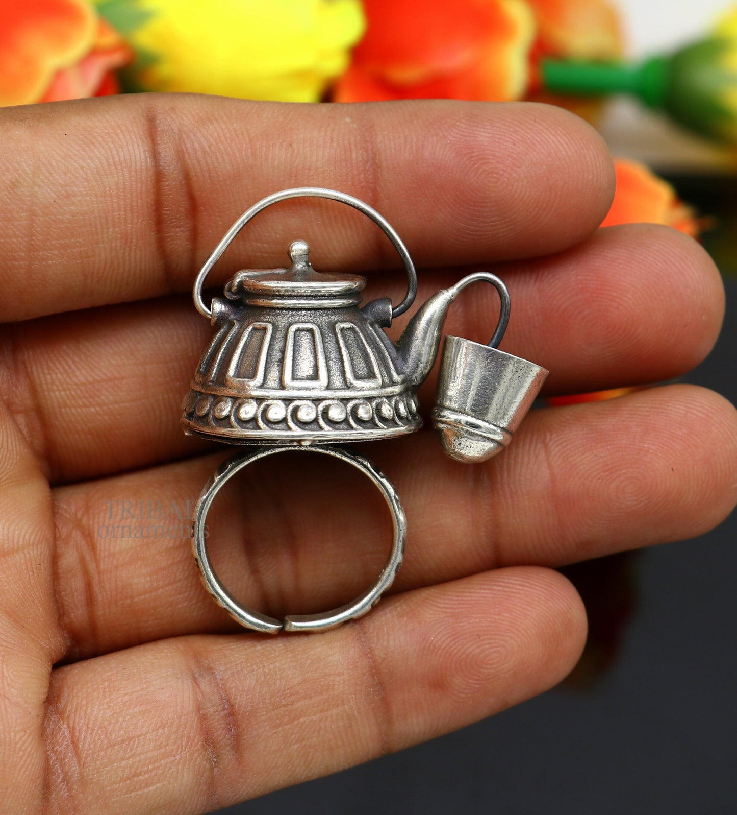 925 sterling silver Traditional vintage tea pot design handmade stylish ring women's tribal charm ring brides jewelry India sr329 - TRIBAL ORNAMENTS