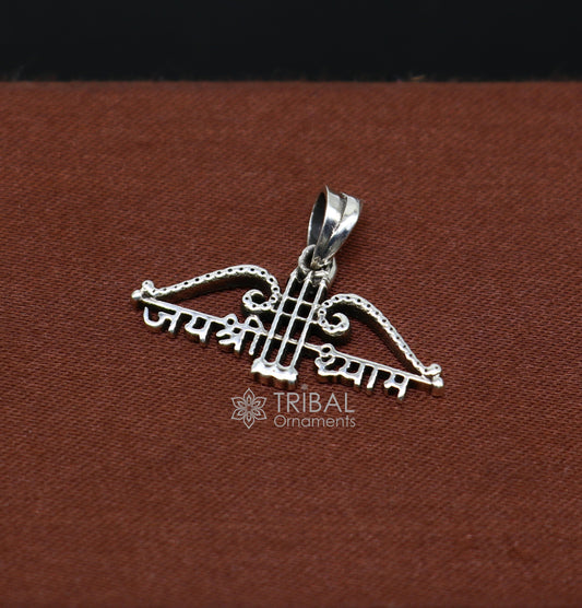 Sterling silver Khatushyam ji Dhanush pendant with "Jai Shree Shyam" inscription, unisex jewelry by Tribal Ornaments.