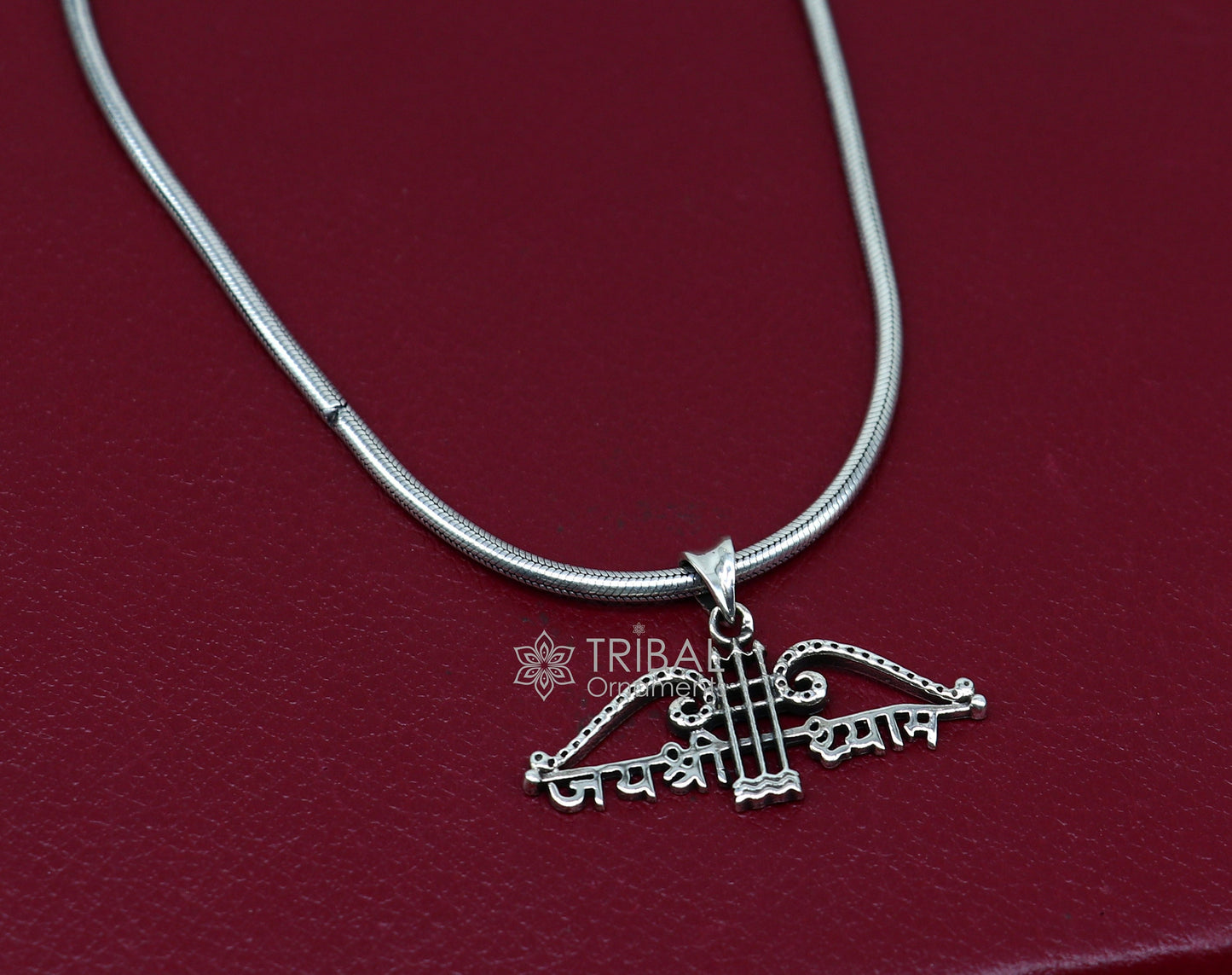 925 sterling silver Khatushyam ji Dhanush pendant with "Jai Shree Shyam" design, unisex jewelry accessory from TRIBAL ORNAMENTS.