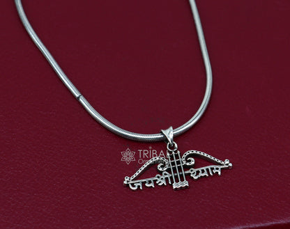 925 sterling silver Khatushyam ji Dhanush pendant with "Jai Shree Shyam" design, unisex jewelry accessory from TRIBAL ORNAMENTS.